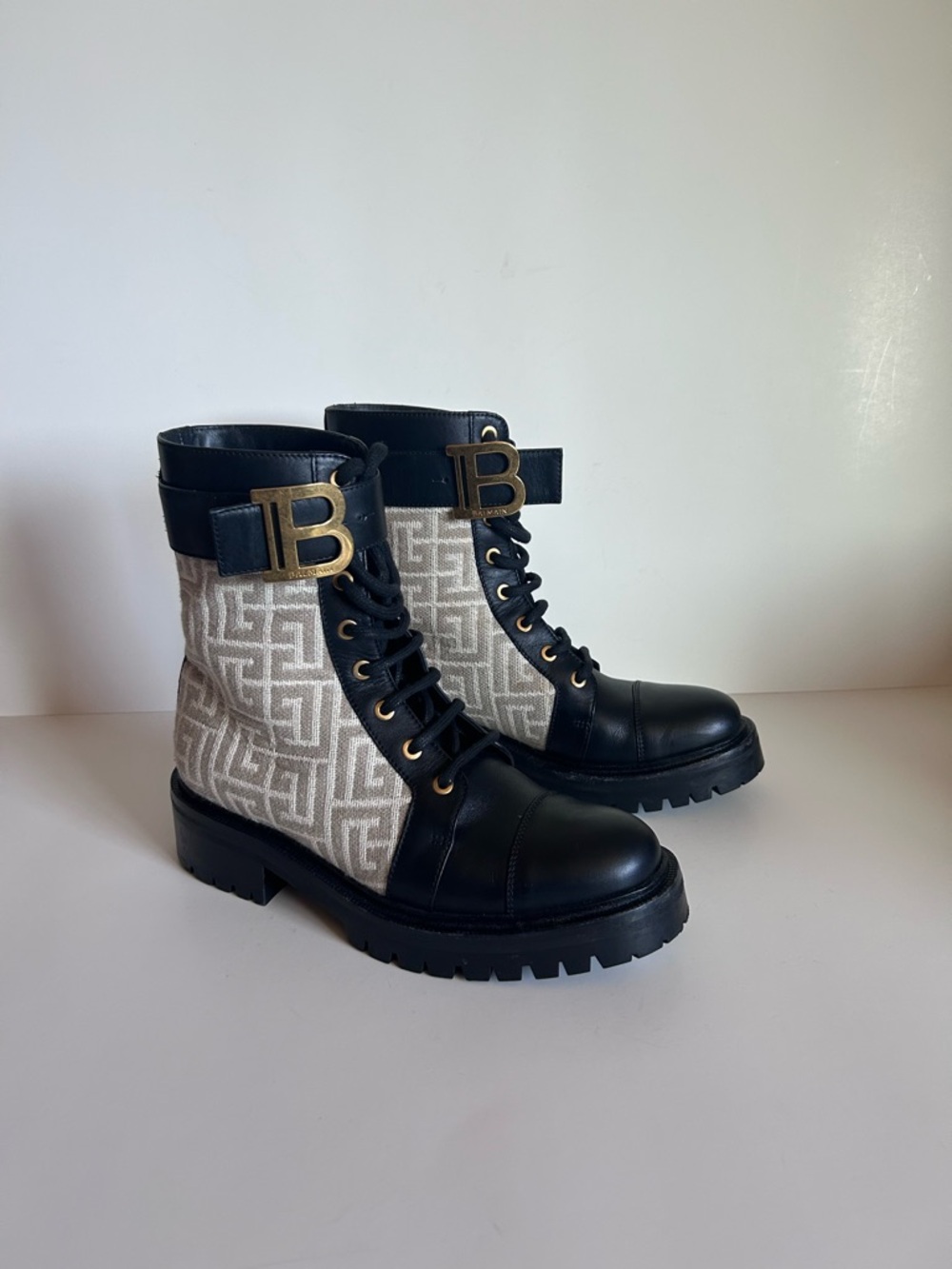 Balmain Black Leather & Beige Jacquard Combat Boots